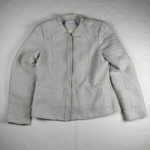 Calvin Klein Womens Textured Tweed Zip Front Blazer Jacket Cream Grey Size 10